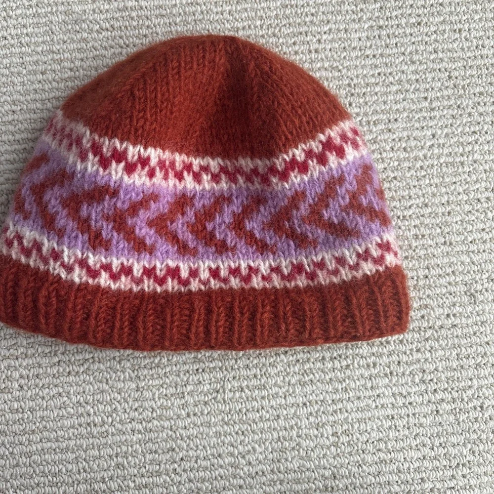 Rust Red Fair Isle Knit Beanie with Pink and Cream Accents